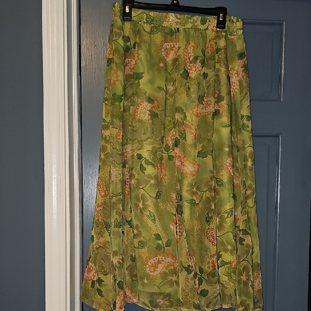 VINTAGE BFA Classics Floral Green Maxi Skirt Paisley Leaves Sheer Flare Women Xl